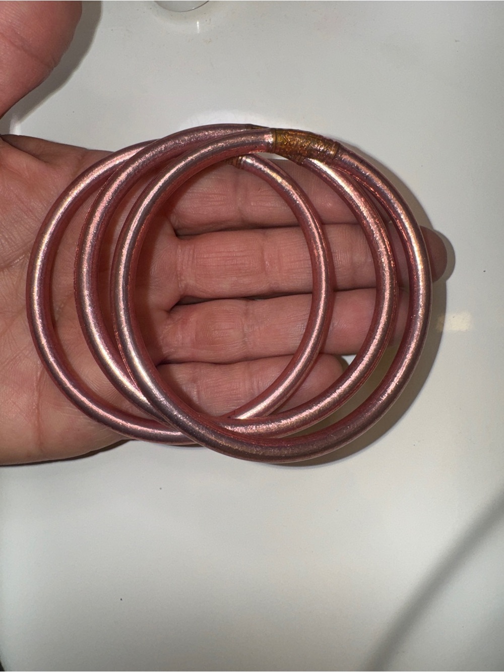 Budhagirl all weather bangles LARGE~Set of Three Metallic Rose Gold Bangles - Picture 2 of 9